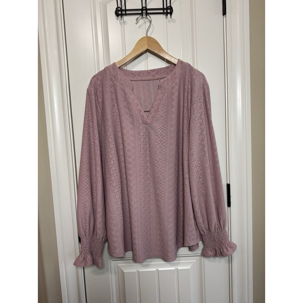 Women’s Pink Eyelet Knit Long Sleeve V-Neck Pullover Blouse Plus Size 2X